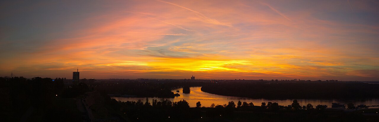 Sunset over Belgrade and the Sava–Danube confluence